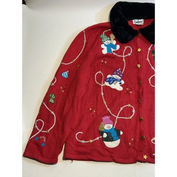 AMBRA HO HO HO SNOWMAN CARDIGAN 2XL CHRISTMAS SWEATER PARTY RED VINTAGE FUR - Picture 2 of 16